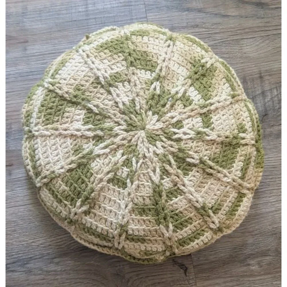 Vintage Crochet Double Sided Round Throw Pillow Handmade 1970’s Gramma Core